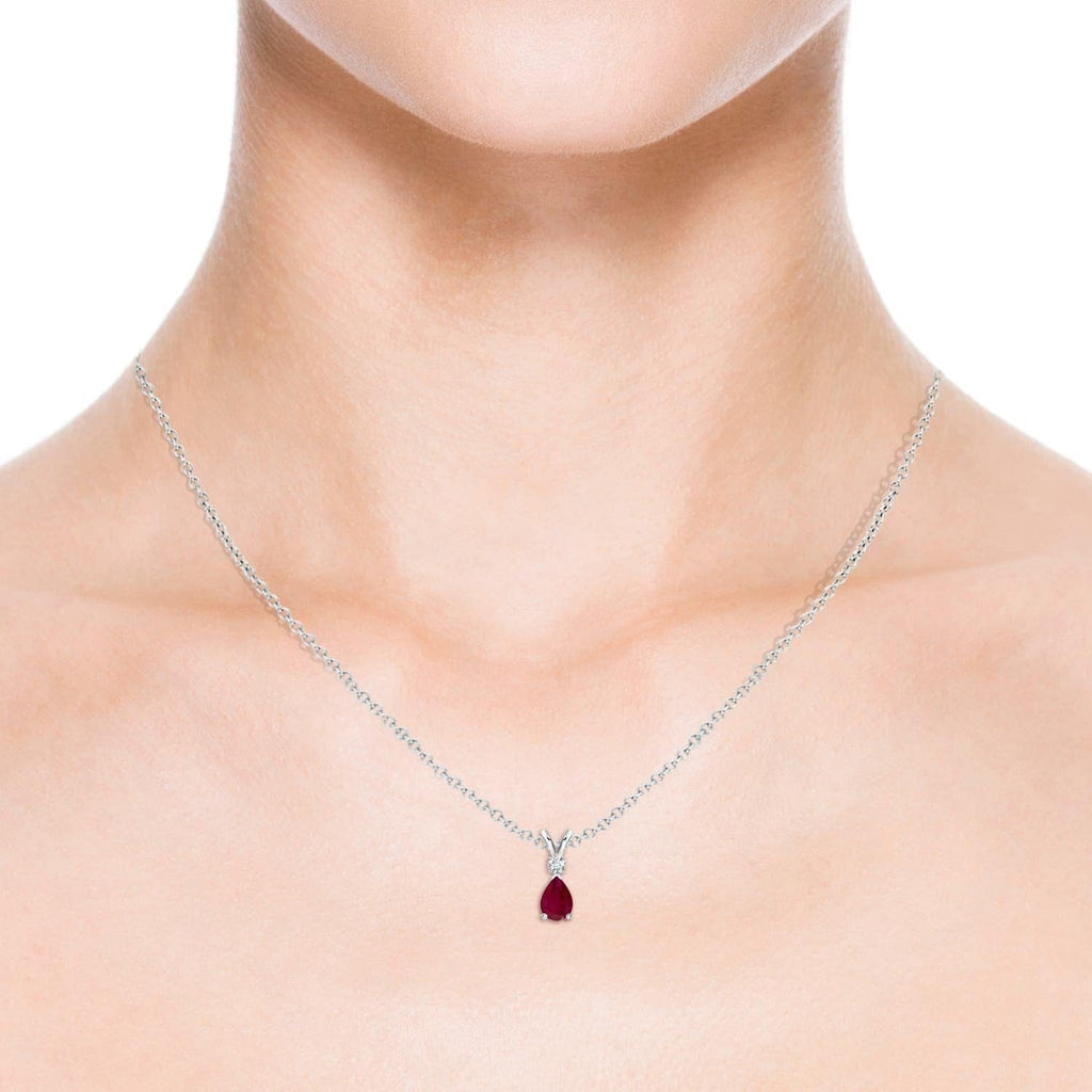 Ruby Teardrop Necklace with Diamond in Silver/14K Solid Gold/Platinum | Natural Prong-Set Ruby V-Bale Pendant with 18" Chain for Women | July Birthday Gemstone Jewelry Gift - My Store