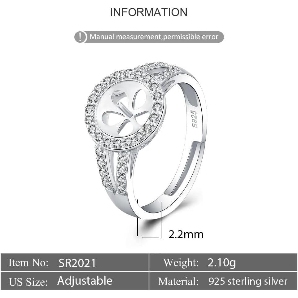 Sterling Silver CZ round Design Adjustable Rings for Women, Design Ring Mounts Fittings with Pearl Seat for DIY Jewelry Making - My Store