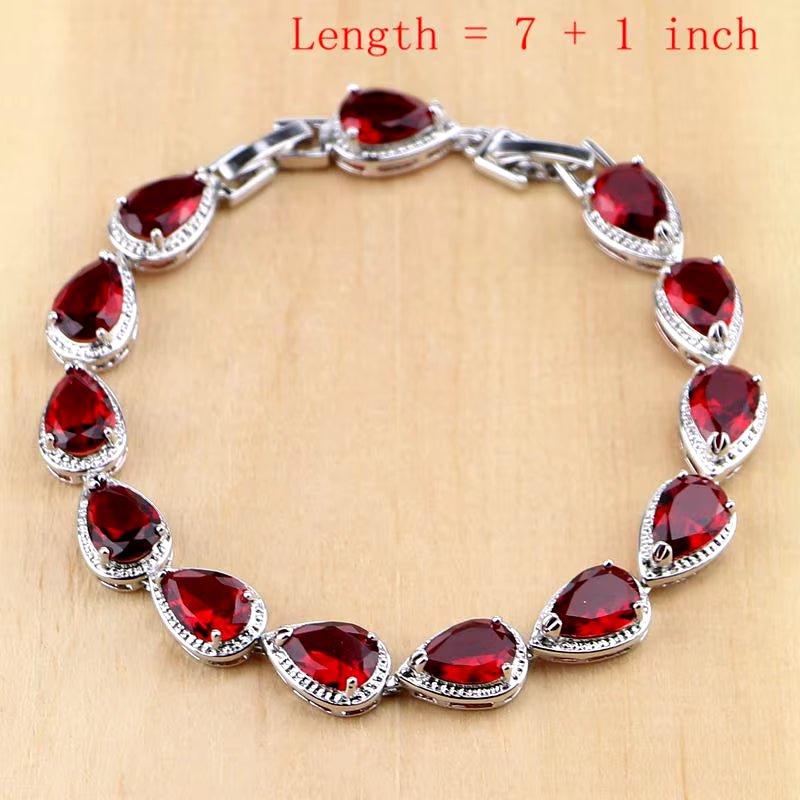 Water Drop Silver 925 Jewelry Red Ruby White Topaz Jewelry Sets Women Long Earrings/Pendant/Necklace/Rings/Bracelet Dropshipping - My Store