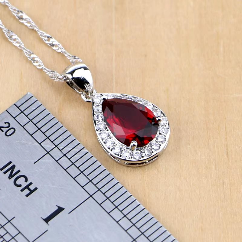 Water Drop Silver 925 Jewelry Red Ruby White Topaz Jewelry Sets Women Long Earrings/Pendant/Necklace/Rings/Bracelet Dropshipping - My Store