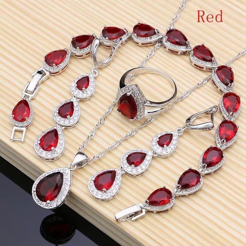 Water Drop Silver 925 Jewelry Red Ruby White Topaz Jewelry Sets Women Long Earrings/Pendant/Necklace/Rings/Bracelet Dropshipping - My Store