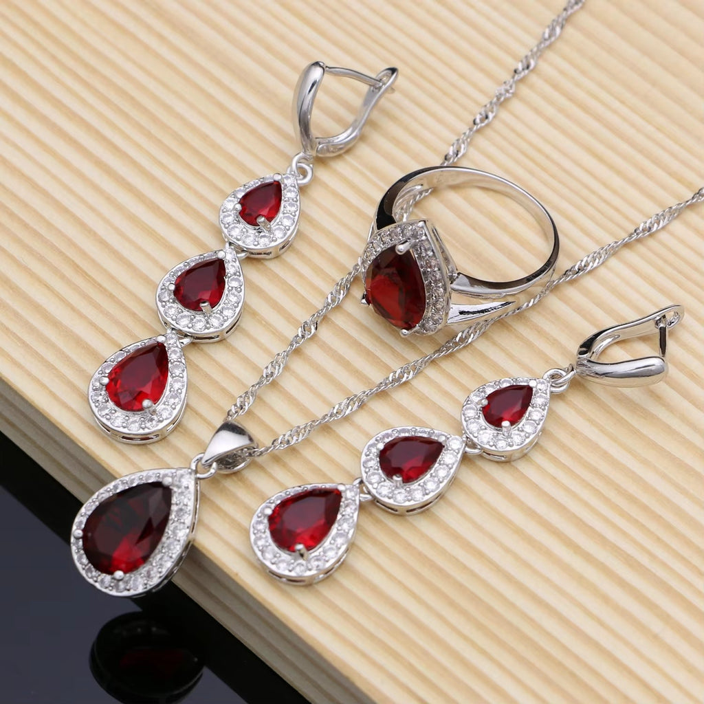 Water Drop Silver 925 Jewelry Red Ruby White Topaz Jewelry Sets Women Long Earrings/Pendant/Necklace/Rings/Bracelet Dropshipping - My Store