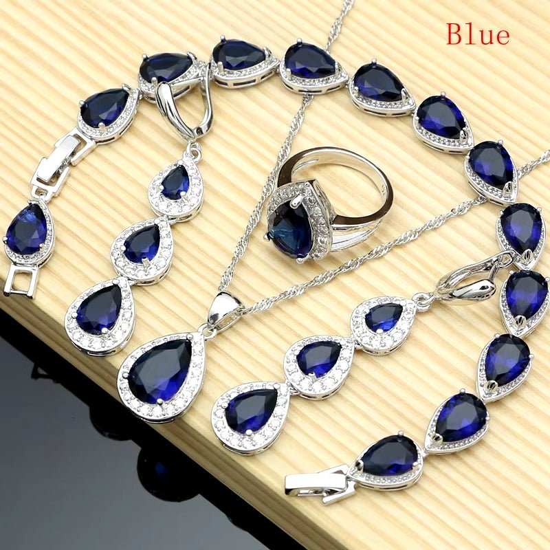 Water Drop Silver 925 Jewelry Red Ruby White Topaz Jewelry Sets Women Long Earrings/Pendant/Necklace/Rings/Bracelet Dropshipping - My Store