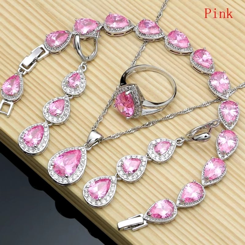 Water Drop Silver 925 Jewelry Red Ruby White Topaz Jewelry Sets Women Long Earrings/Pendant/Necklace/Rings/Bracelet Dropshipping - My Store