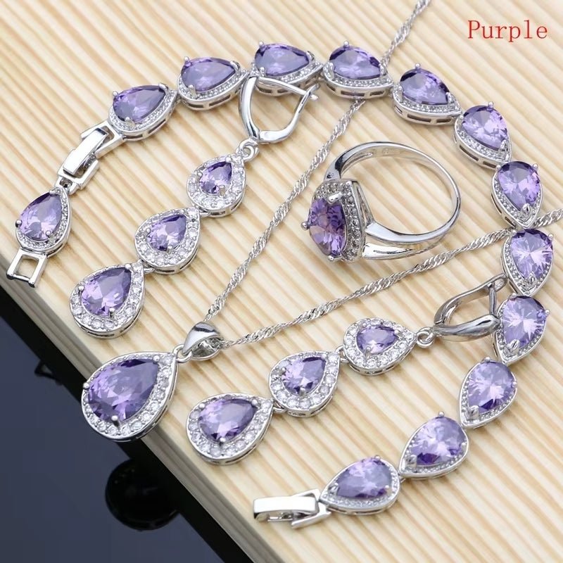 Water Drop Silver 925 Jewelry Red Ruby White Topaz Jewelry Sets Women Long Earrings/Pendant/Necklace/Rings/Bracelet Dropshipping - My Store
