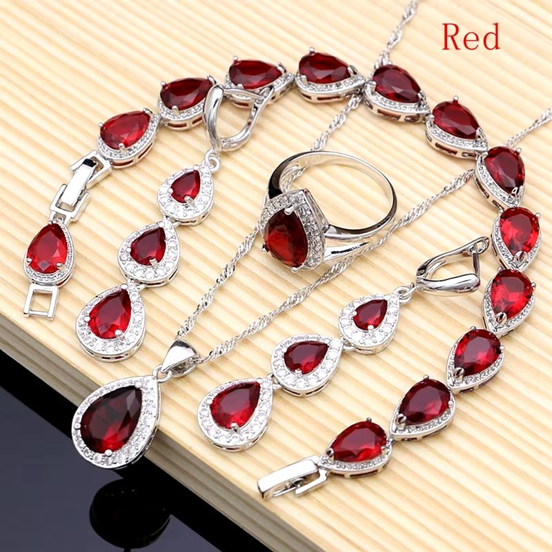 Water Drop Silver 925 Jewelry Red Ruby White Topaz Jewelry Sets Women Long Earrings/Pendant/Necklace/Rings/Bracelet Dropshipping - My Store