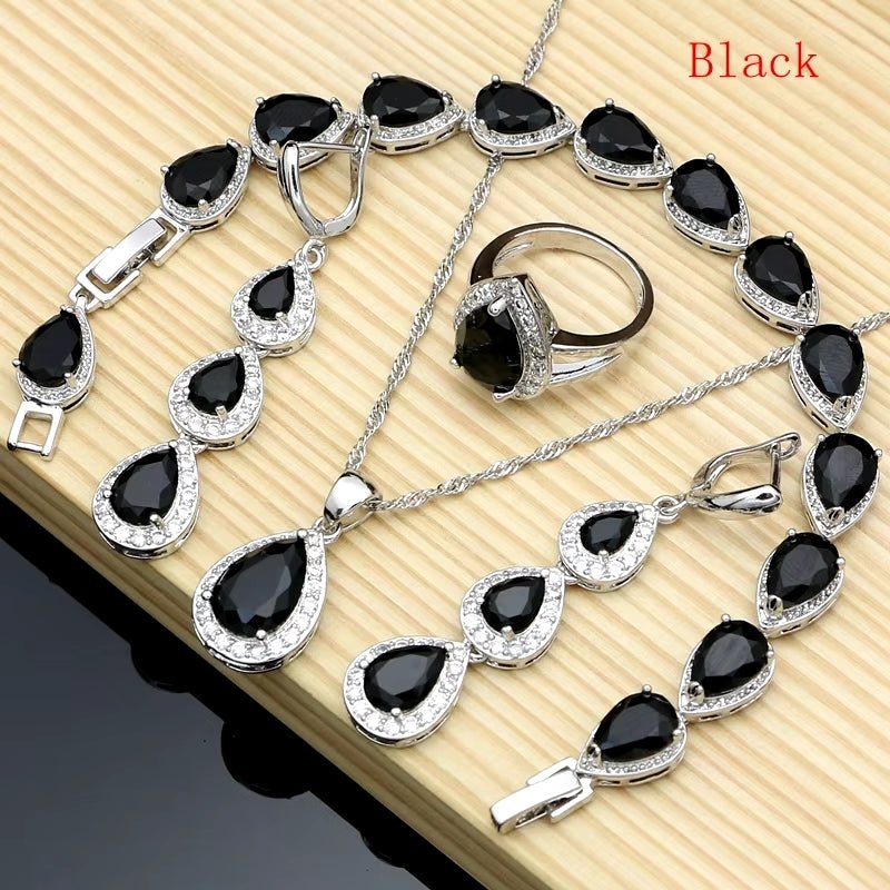 Water Drop Silver 925 Jewelry Red Ruby White Topaz Jewelry Sets Women Long Earrings/Pendant/Necklace/Rings/Bracelet Dropshipping - My Store