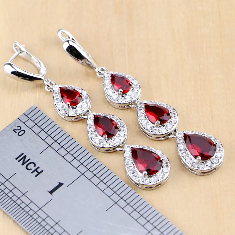 Water Drop Silver 925 Jewelry Red Ruby White Topaz Jewelry Sets Women Long Earrings/Pendant/Necklace/Rings/Bracelet Dropshipping - My Store