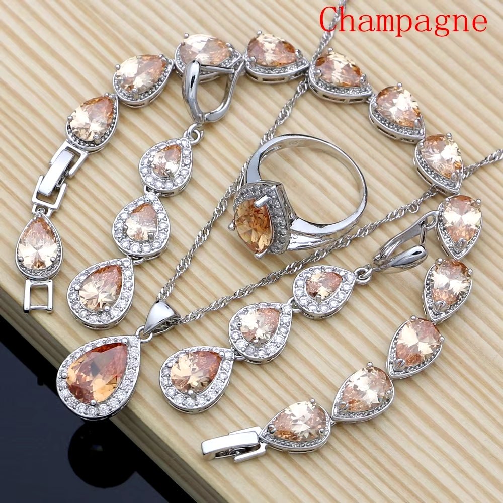 Water Drop Silver 925 Jewelry Red Ruby White Topaz Jewelry Sets Women Long Earrings/Pendant/Necklace/Rings/Bracelet Dropshipping - My Store