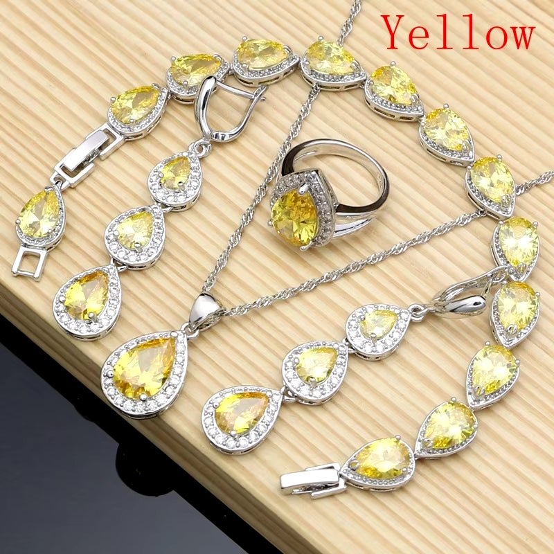 Water Drop Silver 925 Jewelry Red Ruby White Topaz Jewelry Sets Women Long Earrings/Pendant/Necklace/Rings/Bracelet Dropshipping - My Store