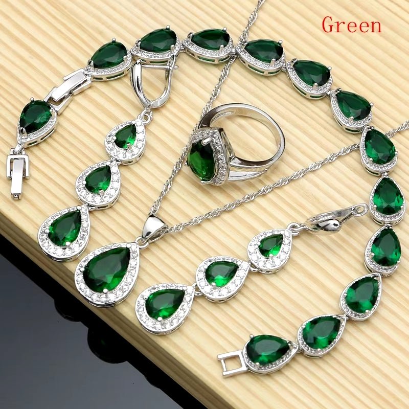 Water Drop Silver 925 Jewelry Red Ruby White Topaz Jewelry Sets Women Long Earrings/Pendant/Necklace/Rings/Bracelet Dropshipping - My Store