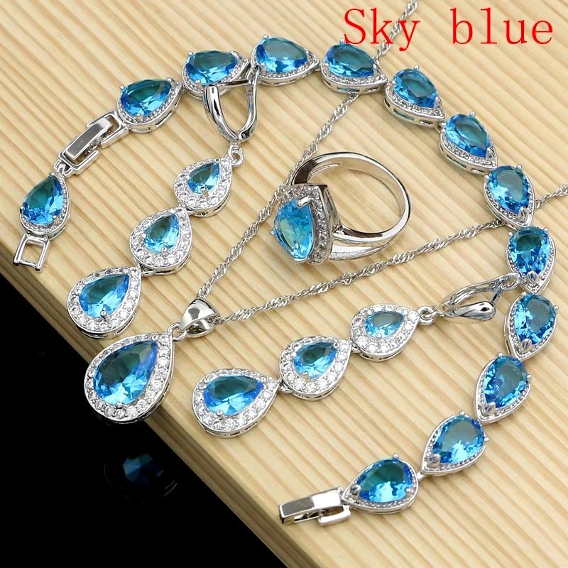 Water Drop Silver 925 Jewelry Red Ruby White Topaz Jewelry Sets Women Long Earrings/Pendant/Necklace/Rings/Bracelet Dropshipping - My Store