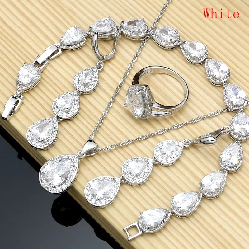 Water Drop Silver 925 Jewelry Red Ruby White Topaz Jewelry Sets Women Long Earrings/Pendant/Necklace/Rings/Bracelet Dropshipping - My Store