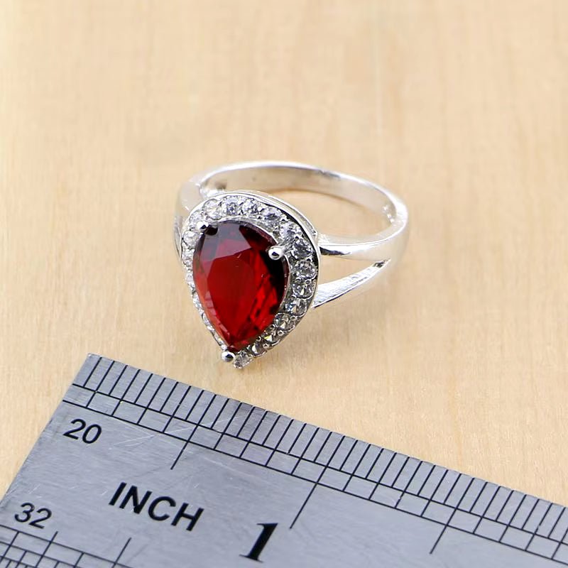 Water Drop Silver 925 Jewelry Red Ruby White Topaz Jewelry Sets Women Long Earrings/Pendant/Necklace/Rings/Bracelet Dropshipping - My Store