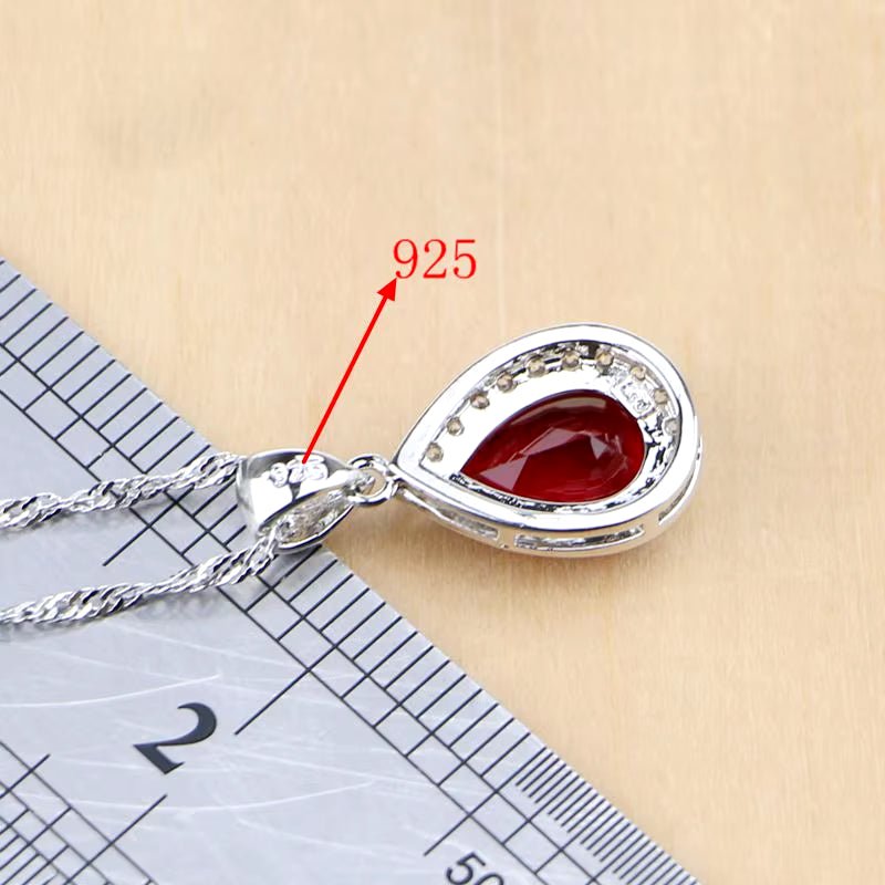 Water Drop Silver 925 Jewelry Red Ruby White Topaz Jewelry Sets Women Long Earrings/Pendant/Necklace/Rings/Bracelet Dropshipping - My Store