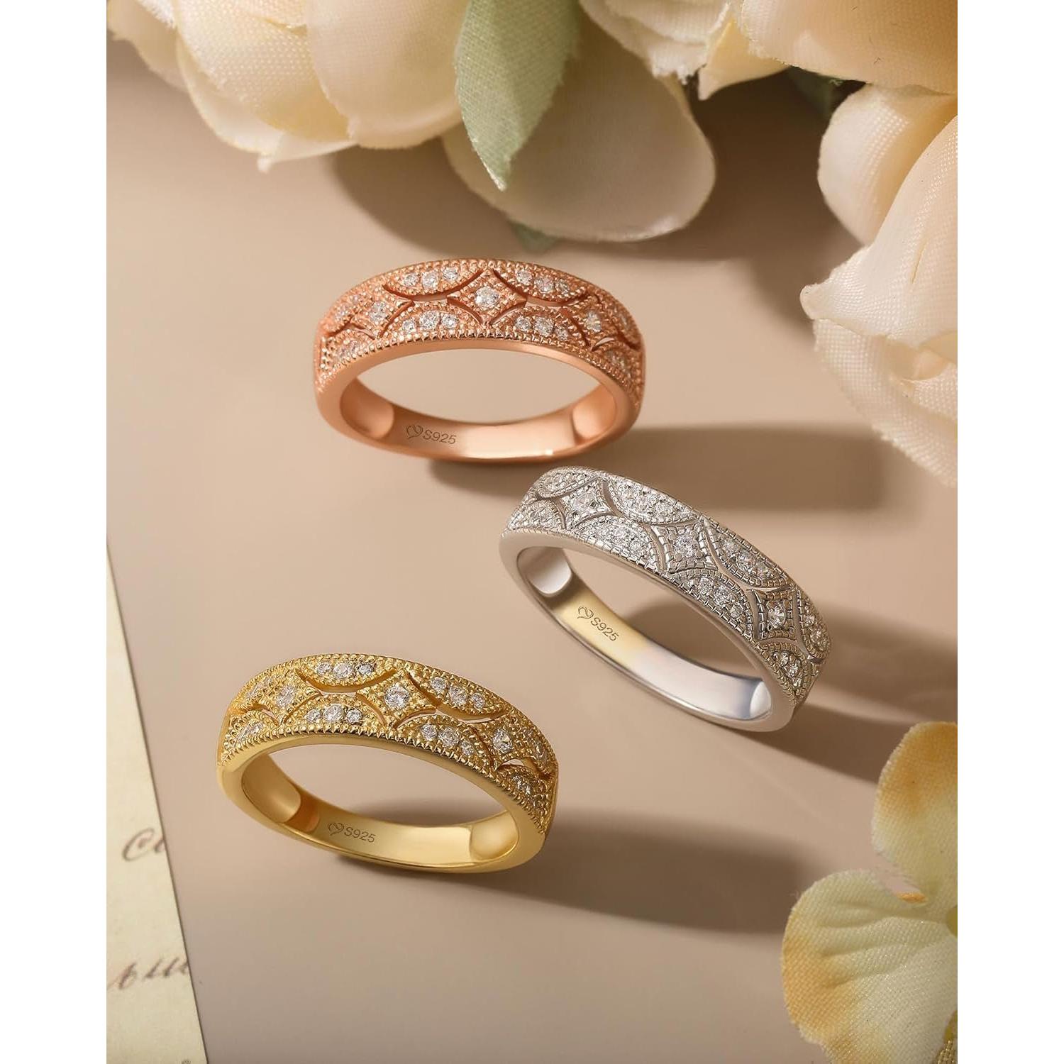 Womens Wide Eternity Ring Wedding Band, Milgrain round Cut 18K White Gold Plated Eternity Band Ring Romantic Birthday Anniversary Jewelry with Gift Box - My Store