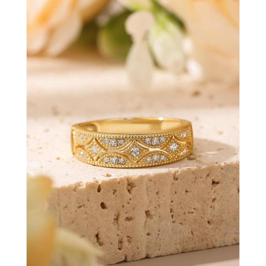 Womens Wide Eternity Ring Wedding Band, Milgrain round Cut 18K White Gold Plated Eternity Band Ring Romantic Birthday Anniversary Jewelry with Gift Box - My Store