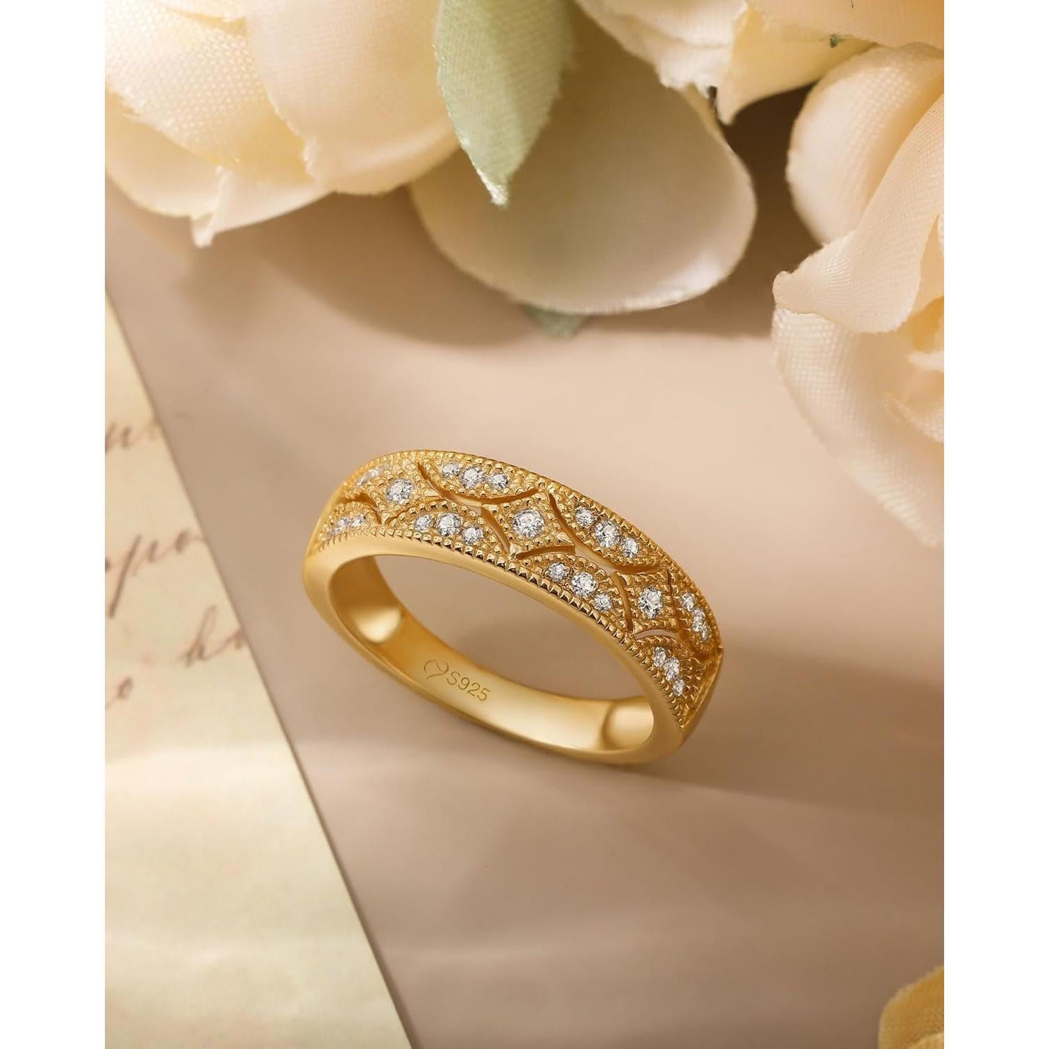 Womens Wide Eternity Ring Wedding Band, Milgrain round Cut 18K White Gold Plated Eternity Band Ring Romantic Birthday Anniversary Jewelry with Gift Box - My Store